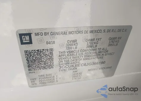 2018 Chevrolet Silverado 1500 2Lt из США, поврежденный, VIN 3GCUKREC6JG366190